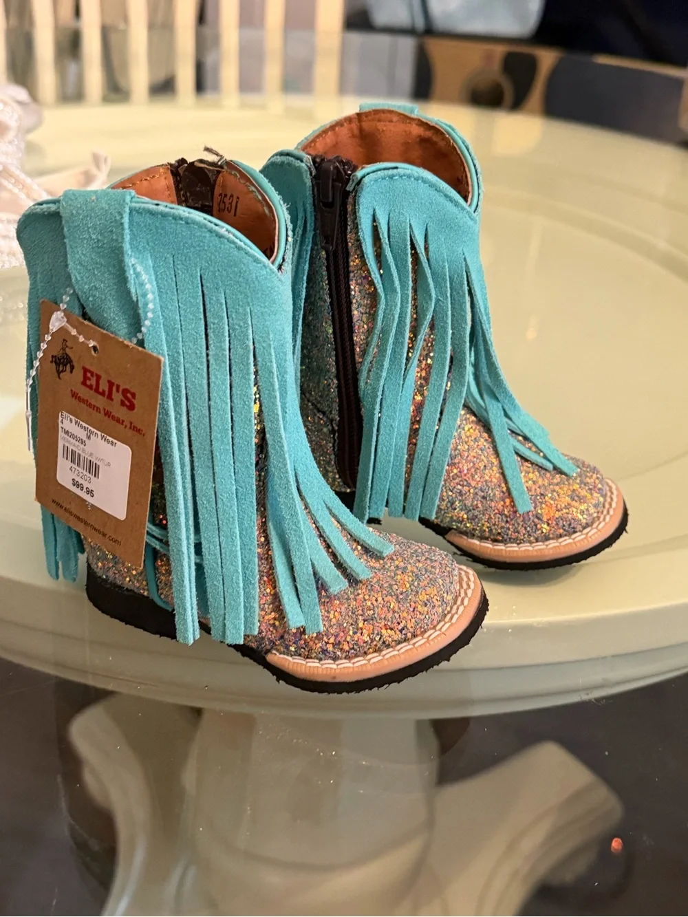 Eli's Kids Turquoise Fringe Glitter Western Boot